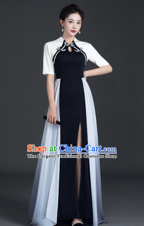 Chinese Design Black Fishtail Slit Dress Cheongsam Model Team Catwalk High End Temperament Costumes