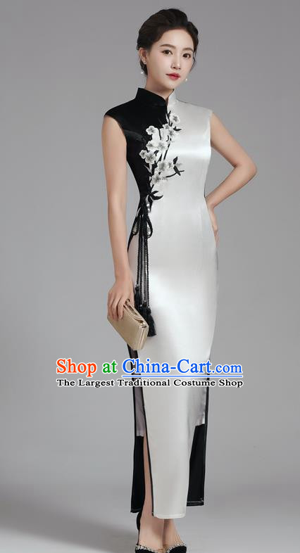 Catwalk Cheongsam Noble Daily Long Etiquette Cheongsam Skirt Performance Clothing Black And White Contrast Color