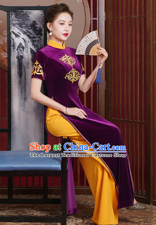 Purple Velvet Ao Dai Modified Cheongsam Dress Mother Catwalk Costume