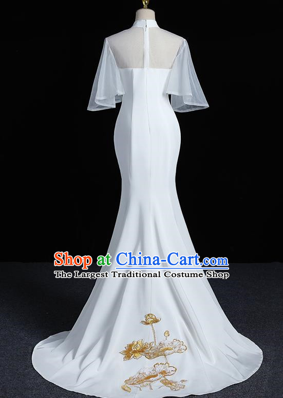 Chinese Design High End Evening Dress Trailing White Long Catwalk Costume Fishtail Slim Fit Mid Sleeved Annual Meeting Dress Skirt