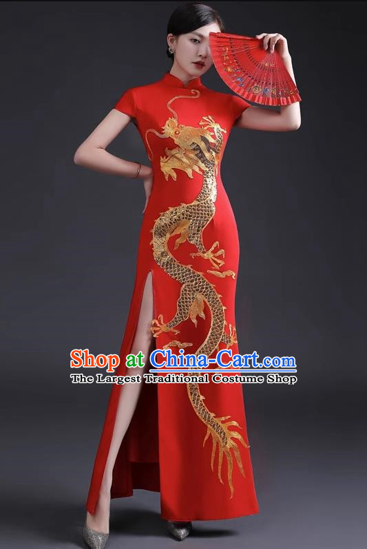 Chinese Design Improved Cheongsam Fishtail Long Model Dignified Atmosphere Etiquette Special Team Catwalk Show Costume Red