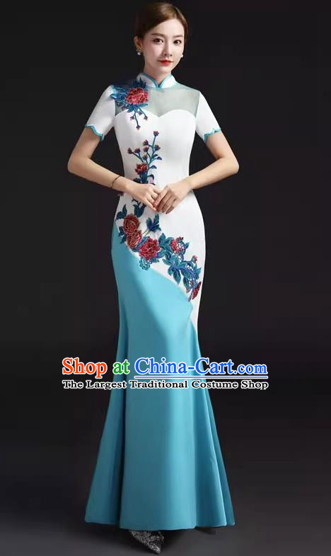 Chinese Design Improved Fishtail Slim Evening Dress Embroidered Chorus Cheongsam Stage Catwalk Costume