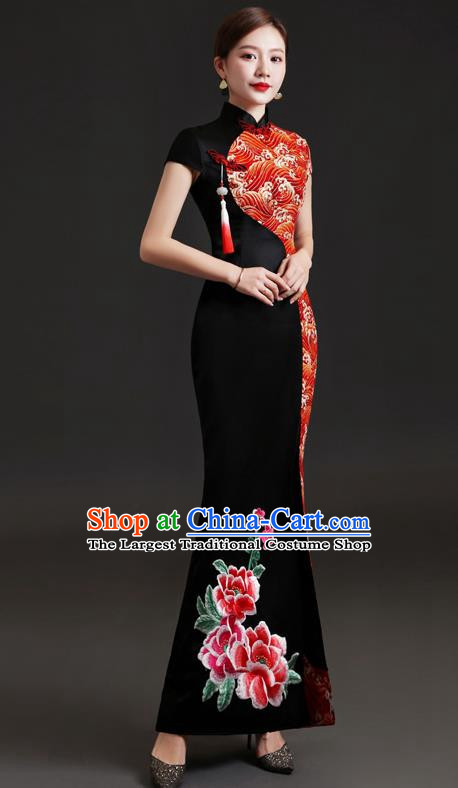 Chinese Design High End Cheongsam Evening Dress Fishtail Slit Performance Costume Host Banquet Black Temperament Dress