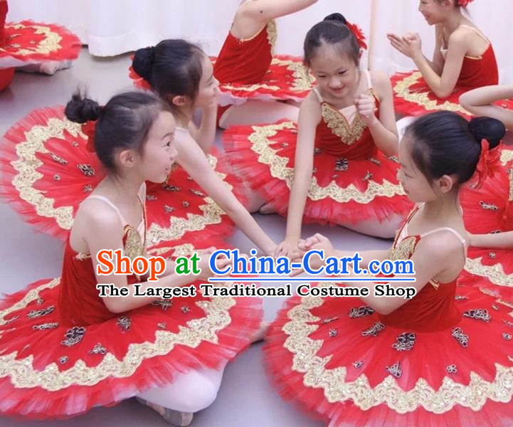 Children Ballet Skirt Tutu Red Girl Professional Little Swan Pettiskirt Performance Costume Swan Lake Performance Costume