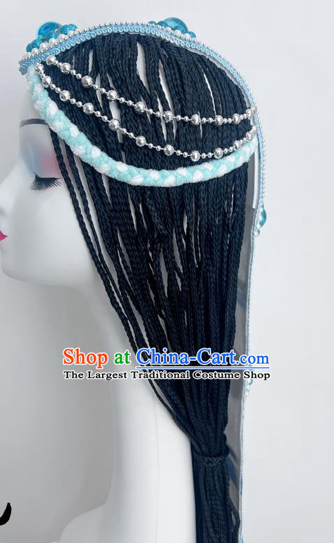 Tibetan Dance Headdress Tianyu Hair Ornament Long Debate Handmade Blue Jewelry Wig National Art Test Headdress