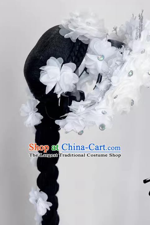 Folk Dance Jiaozhou Dance Headdress White Peony Flower Dance Headdress With Hair Bag Braid Art Test Headdress