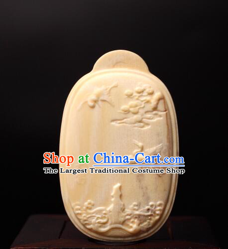 Chinese Microscopic Carving Ivory Sculpture Pine Crane Longevity Pendant