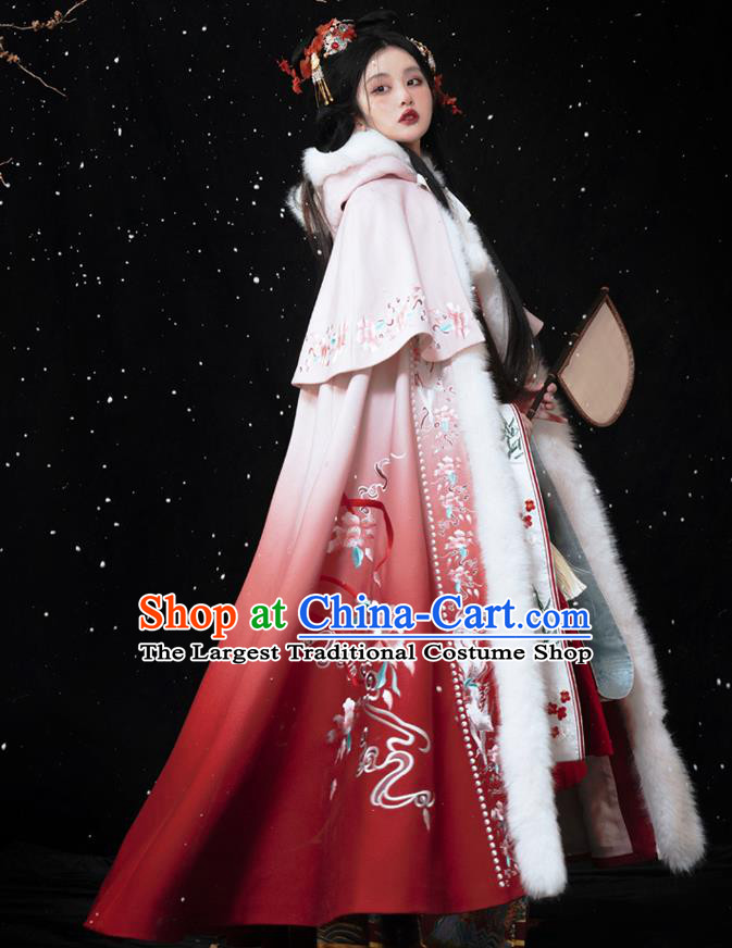 China Ancient Royal Princess Red Embroidered Cape Ming Dynasty Noble Lady Costumes Traditional Woman Hanfu Cloak