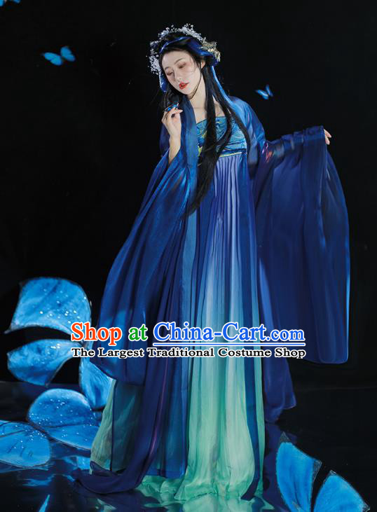 Traditional Woman Blue Hanfu China Ancient Princess Hezi Dress Tang Dynasty Young Lady Costumes