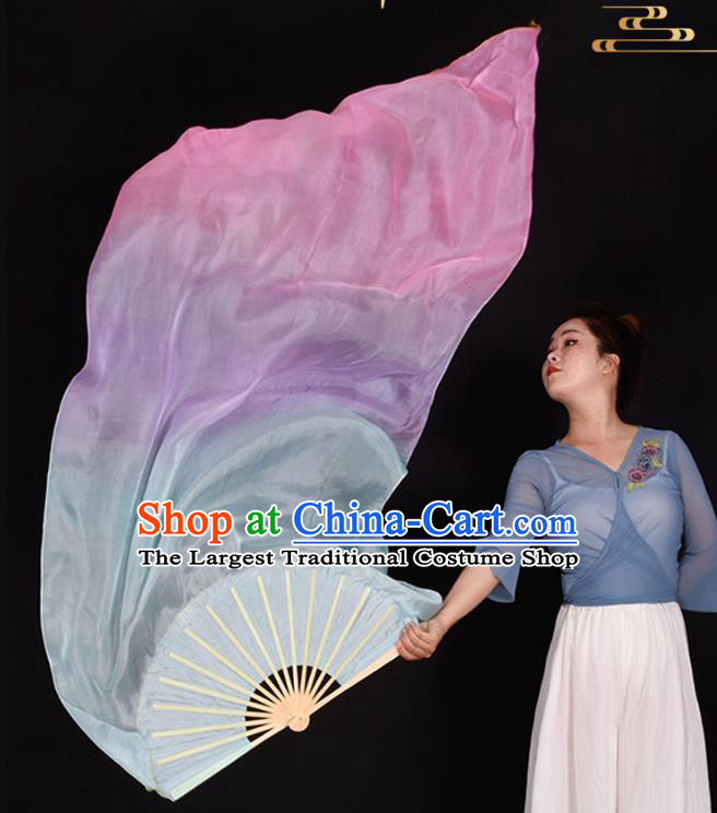 China Classical Dance Pure Silk Fan Handmade Gradient Blue Lilac Pink Dancing Fan Dance Contest Long Ribbon Fan