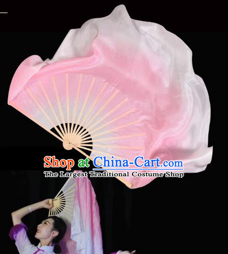 Handmade Gradient Pink to White Pure Silk Fan China Dance Competition Long Ribbon Fan Classical Dance Folding Fan