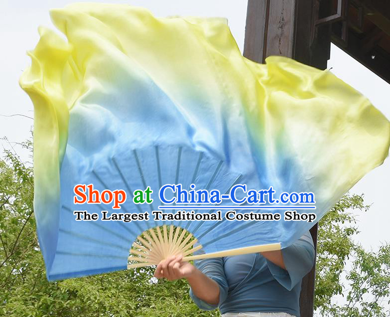 China Handmade Gradient Giant Blue to Yellow Pure Silk Fan Yangko Dance Ribbon Fan Classical Dance Folding Fan