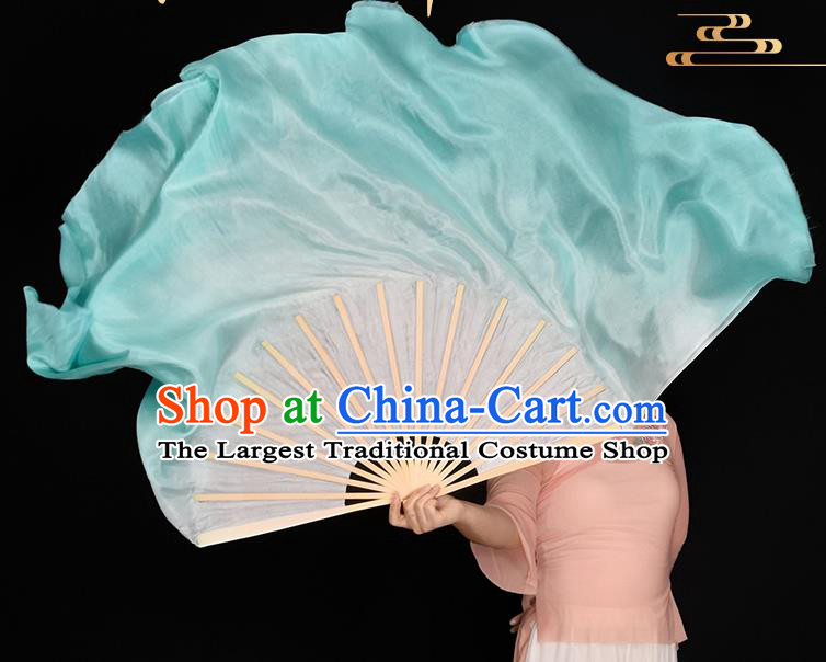 China Women Group Dance Folding Fan Handmade Gradient Blue Pure Silk Fan Jiaozhou Yangko Dance Ribbon Fan
