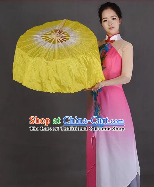 China Jiaozhou Yangko Dance Circular Fan Women Group Dance Folding Fan Handmade Yellow Pure Silk Fan