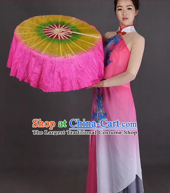 China Handmade Yellow and Pink Pure Silk Fan Jiaozhou Yangko Dance Circular Fan Women Group Dance Folding Fan