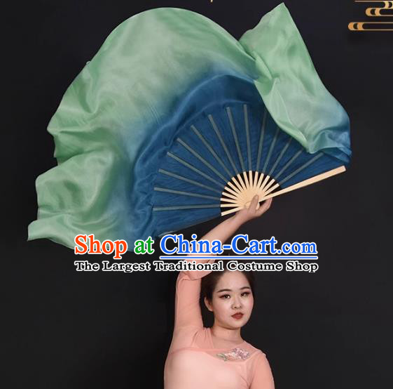 China Classical Dance Fan Jiaozhou Yangko Dance Silk Fan Handmade Blue to Green Ribbon Fan