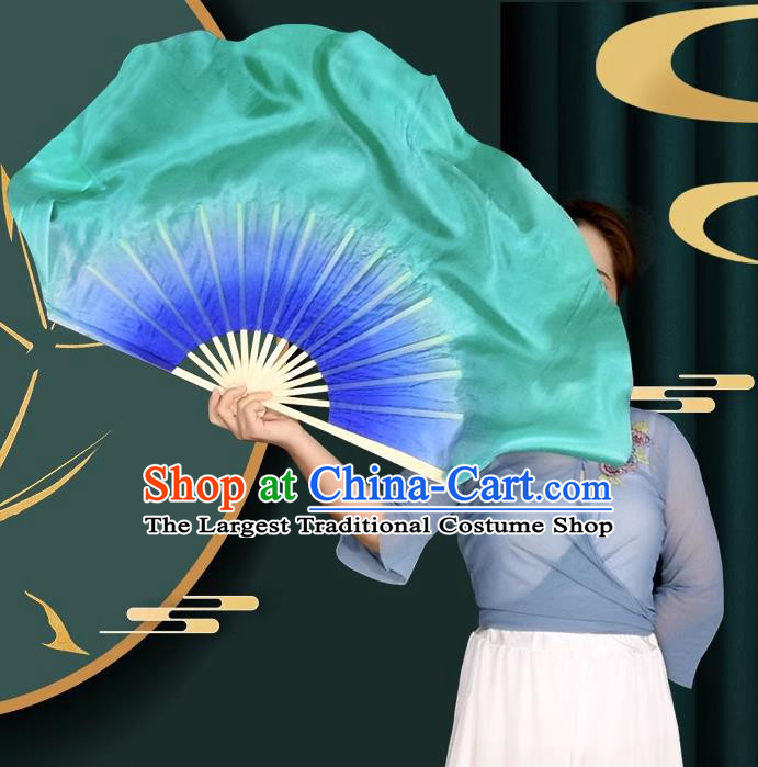 China Classical Dance Fan Taoli Cup Women Dance Competition Pure Silk Fan Handmade Gradient Blue to Green Fan