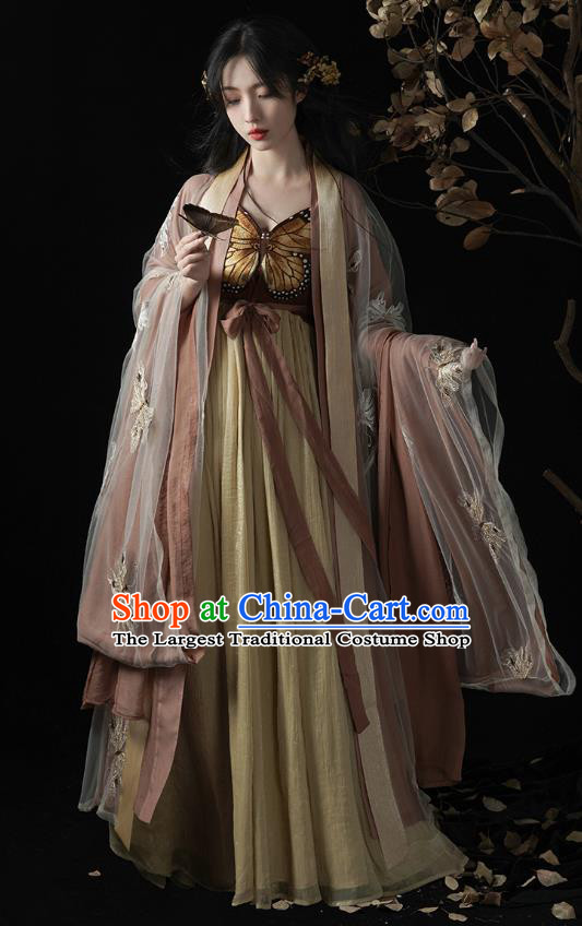 Ancient Butterfly Fairy Costumes Traditional Woman Hanfu Set China Tang Dynasty Young Lady Brown Dresses