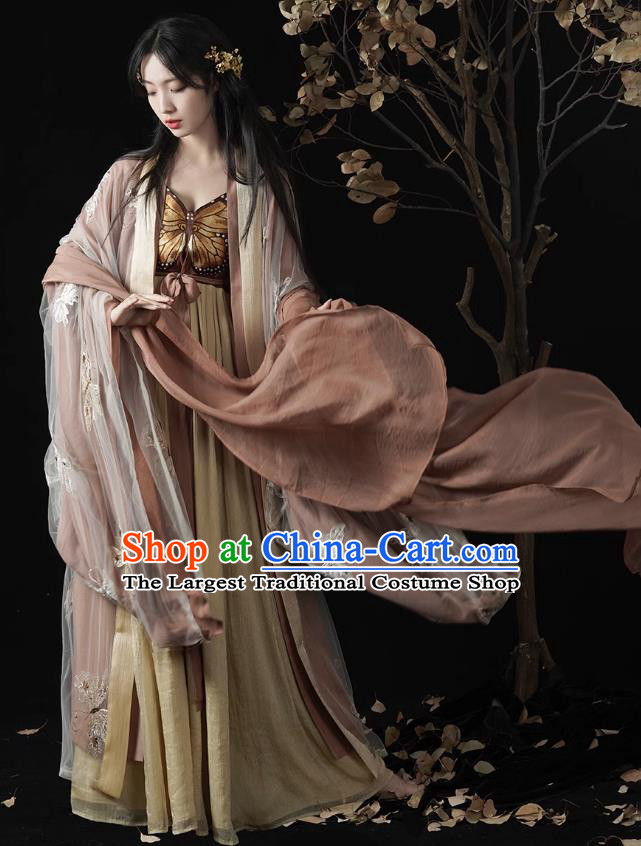 Ancient Butterfly Fairy Costumes Traditional Woman Hanfu Set China Tang Dynasty Young Lady Brown Dresses