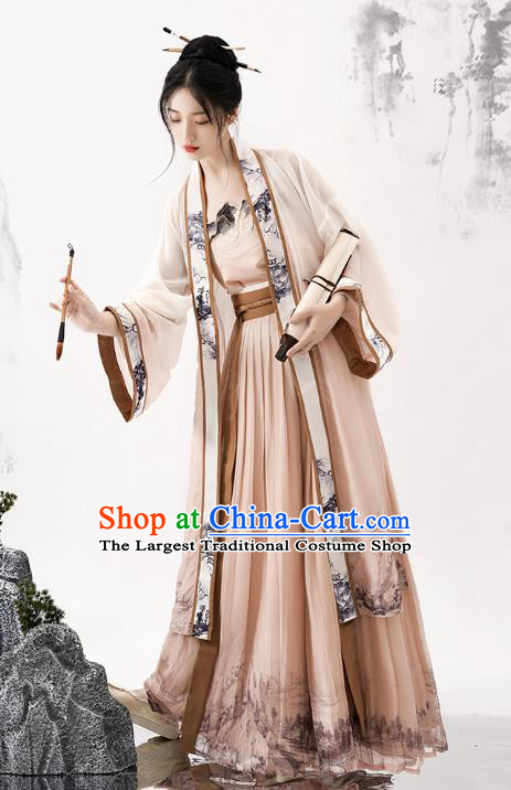 China Song Dynasty Young Lady Ink Painting Clothing Ancient Young Woman Costumes Traditional Hanfu Cape Tube Top and Skirt Complete Set