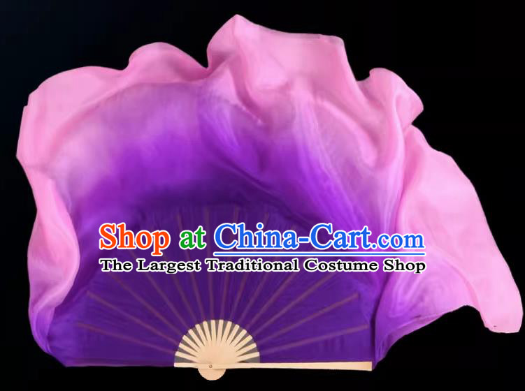 China Jiaozhou Yangko Dance Fan Handmade Gradient Purple to Pink Silk Fan Classical Dance Ribbon Fan