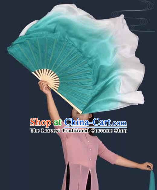 China Handmade Gradient Green to White Silk Fan Classical Dance Ribbon Fan Jiaozhou Yangko Dance Fan