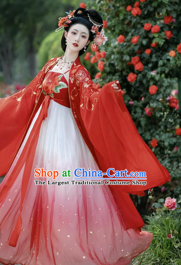China Tang Dynasty Court Empress Costumes Ancient Goddess Red Dress Clothing