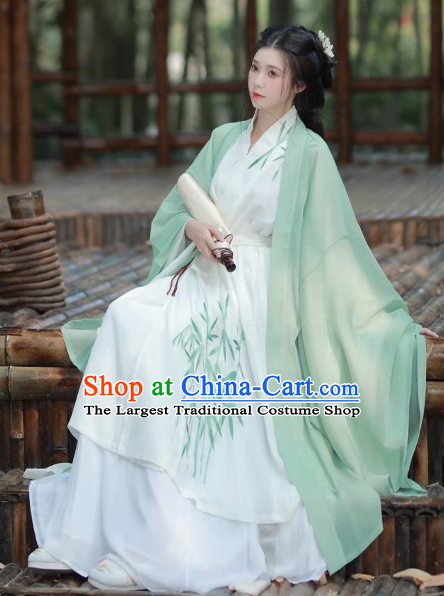 China Ancient Noble Woman Green Dress Clothing Wei Jin Dynasty Young Lady Costumes