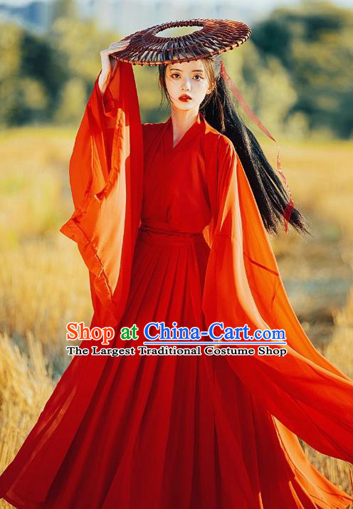 Ancient Swordswoman Costumes Female Red Hanfu Dress China Jin Dynasty Clothing