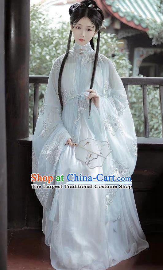 China Ancient Noble Lady Costumes Woman Light Blue Hanfu Dress Ming Dynasty Embroidered Clothing