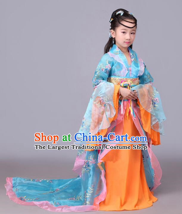 Ancient Fairy Costumes Chinese Tang Dynasty Princess Clothing Children Blue Hanfu Dress