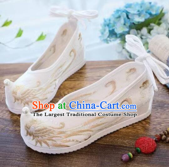 China Handmade Embroidered Phoenix Shoes Ming Dynasty Princess Pearls Shoes Traditional White Hanfu Shoes