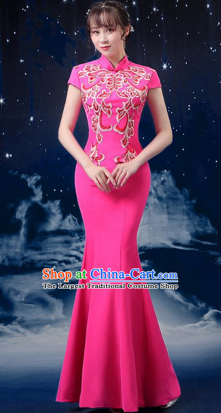 Pink Choir Costume Femininity Stage Performance Costume Conductor Catwalk Cheongsam Skirt Fishtail Blue and White Porcelain Dress