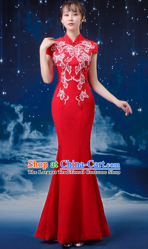 Red Choir Costume Femininity Stage Performance Costume Conductor Catwalk Cheongsam Skirt Fishtail Blue and White Porcelain Dress