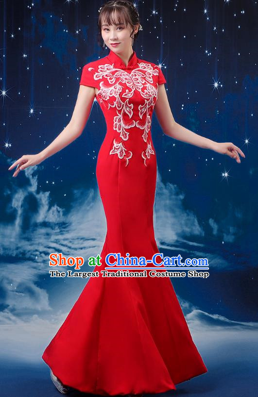 Red Choir Costume Femininity Stage Performance Costume Conductor Catwalk Cheongsam Skirt Fishtail Blue and White Porcelain Dress