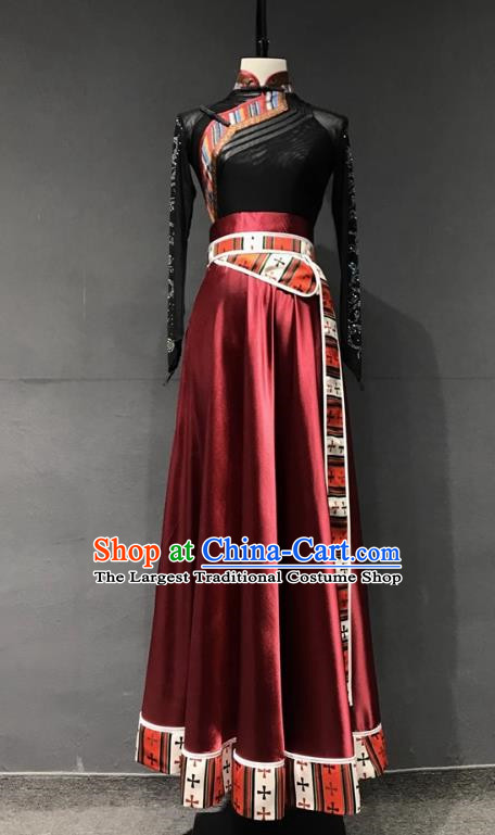 Performance Clothing Stage Performance Tibetan Dance Clothing Chinese Minority Class Clothing Practice Art Test Mid Length Skirt