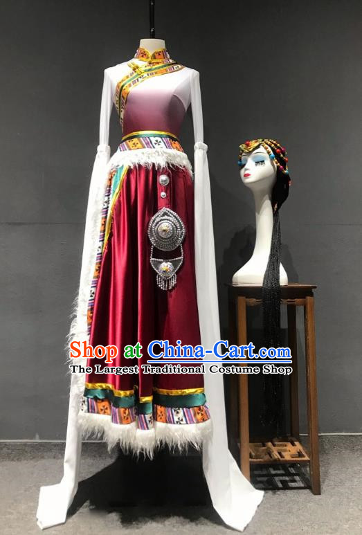 Stage Performance Tibetan Dance Clothing Chinese Minority Class Practice Art Test Mid Length Skirt