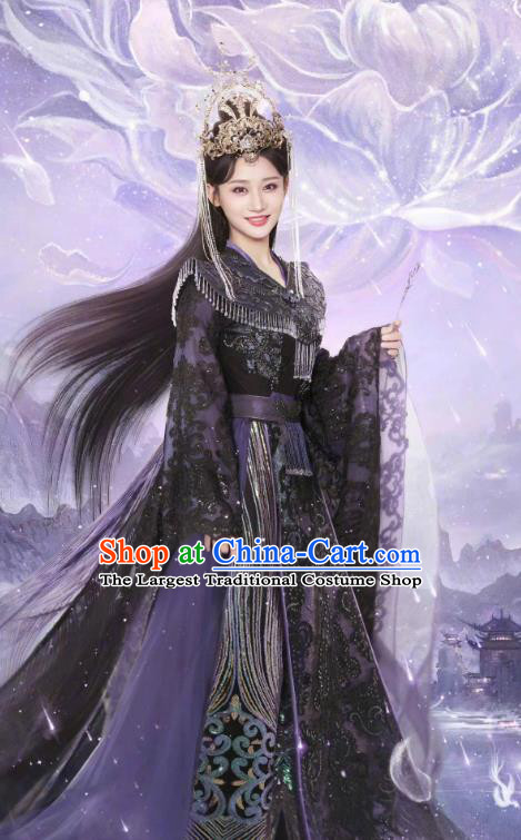 Xianxia TV Series The Starry Love Princess Liguang Qing Kui Clothing Chinese Ancient Empress Black Dress Costumes