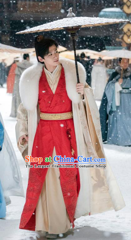 China Song Dynasty Childe Garments Ancient Drama Destined Chang Feng Du Young Master Gu Jiu Si Red Robes and Cloak Complete Set