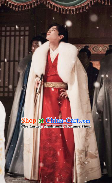 China Song Dynasty Childe Garments Ancient Drama Destined Chang Feng Du Young Master Gu Jiu Si Red Robes and Cloak Complete Set