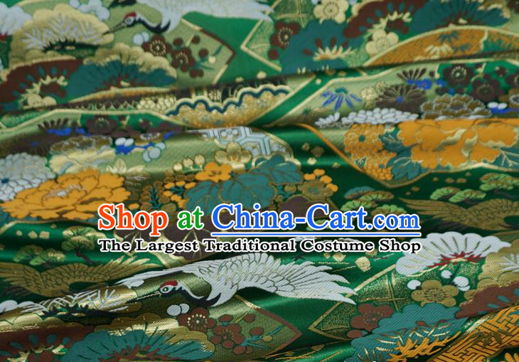 Green Japanese Classical Crane Pattern Design Nishijin Cloth Kimono Drapery Traditional Brocade Fabric