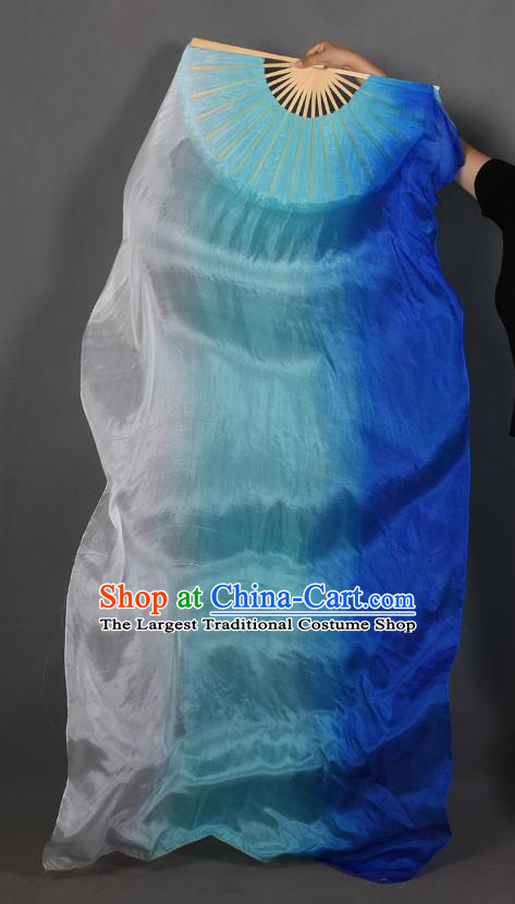 Handmade Belly Dance Fan Pure Silk Long Ribbon Fan Top Classical Dance Gradient White to Blue Fan