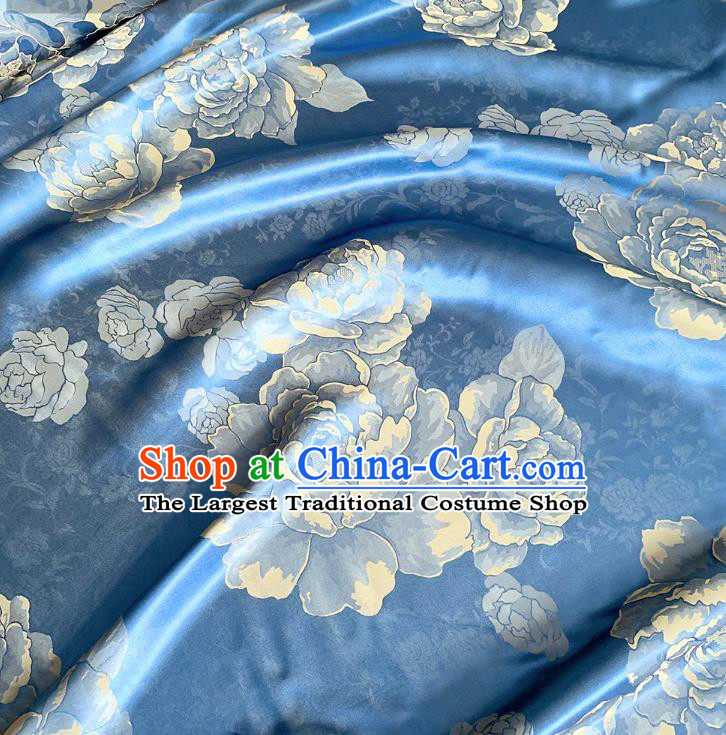 Blue and Golden China Jacquard Satin Fabric Traditional Peony Design Cloth Cheongsam Mulberry Silk Material