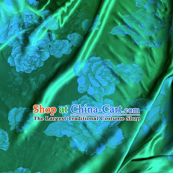 Deep Green China Jacquard Satin Fabric Traditional Peony Design Cloth Cheongsam Mulberry Silk Material