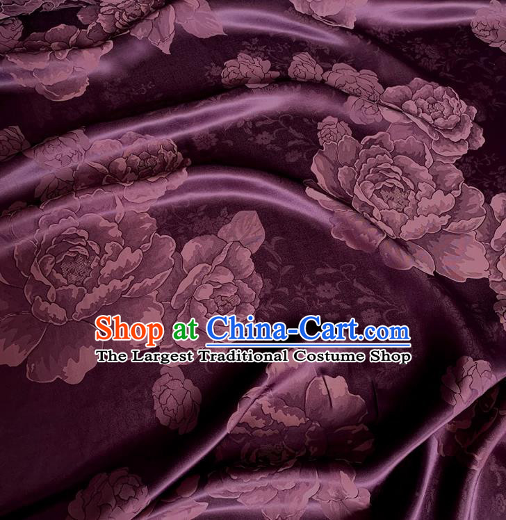 Dark Purple Mulberry Silk Material China Jacquard Satin Fabric Traditional Peony Design Cheongsam Cloth