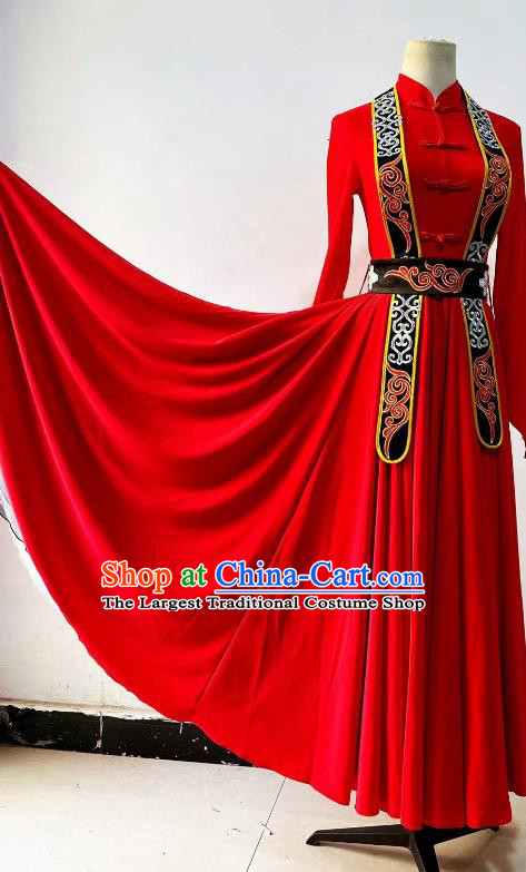 China Mongol Nationality Dance Red Dress Ethnic Woman Dance Clothing Professional Mongolian Stage Performance Costume