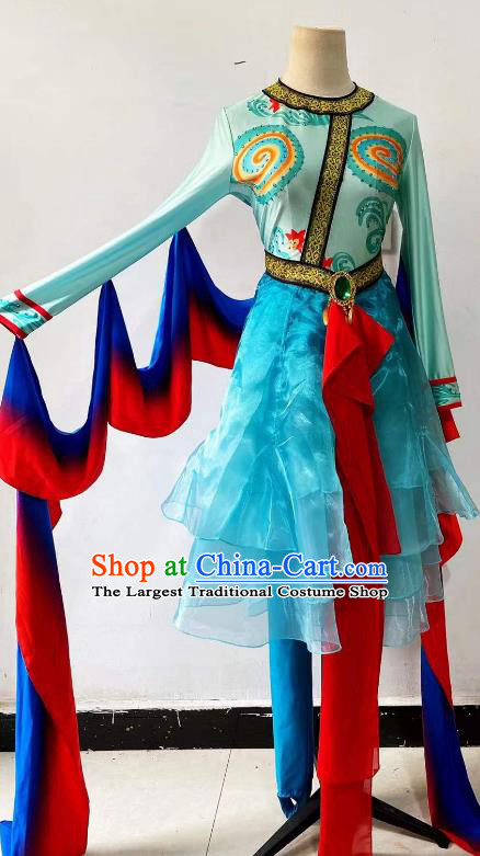 China Women Group Dance Clothing Flying Apsaras Stage Performance Costume Classical Dance Blue Outfit