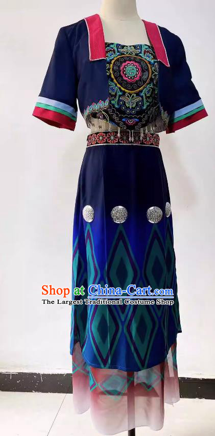 China Ethnic Dance Dark Blue Outfit Women Group Dance Clothing Yi Nationality Stage Performance Costume