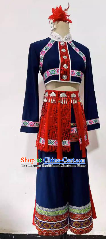 Chinese Ethnic Woman Dance Costume Stage Performance Clothing Folk Dance Dark Blue Outfit