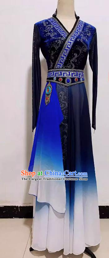 Chinese Mongol Nationality Dance Blue Dress Mongolian Ethnic Dance Costume Woman Stage Performance Clothing